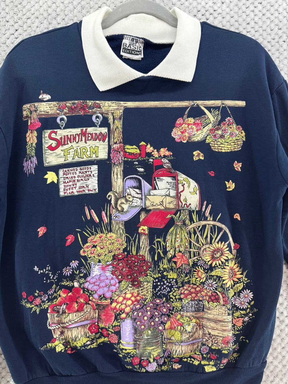 VTG Falls Graphic Preppy Sweater Womens S Blue Farm Sunflowers Preppy Autumn